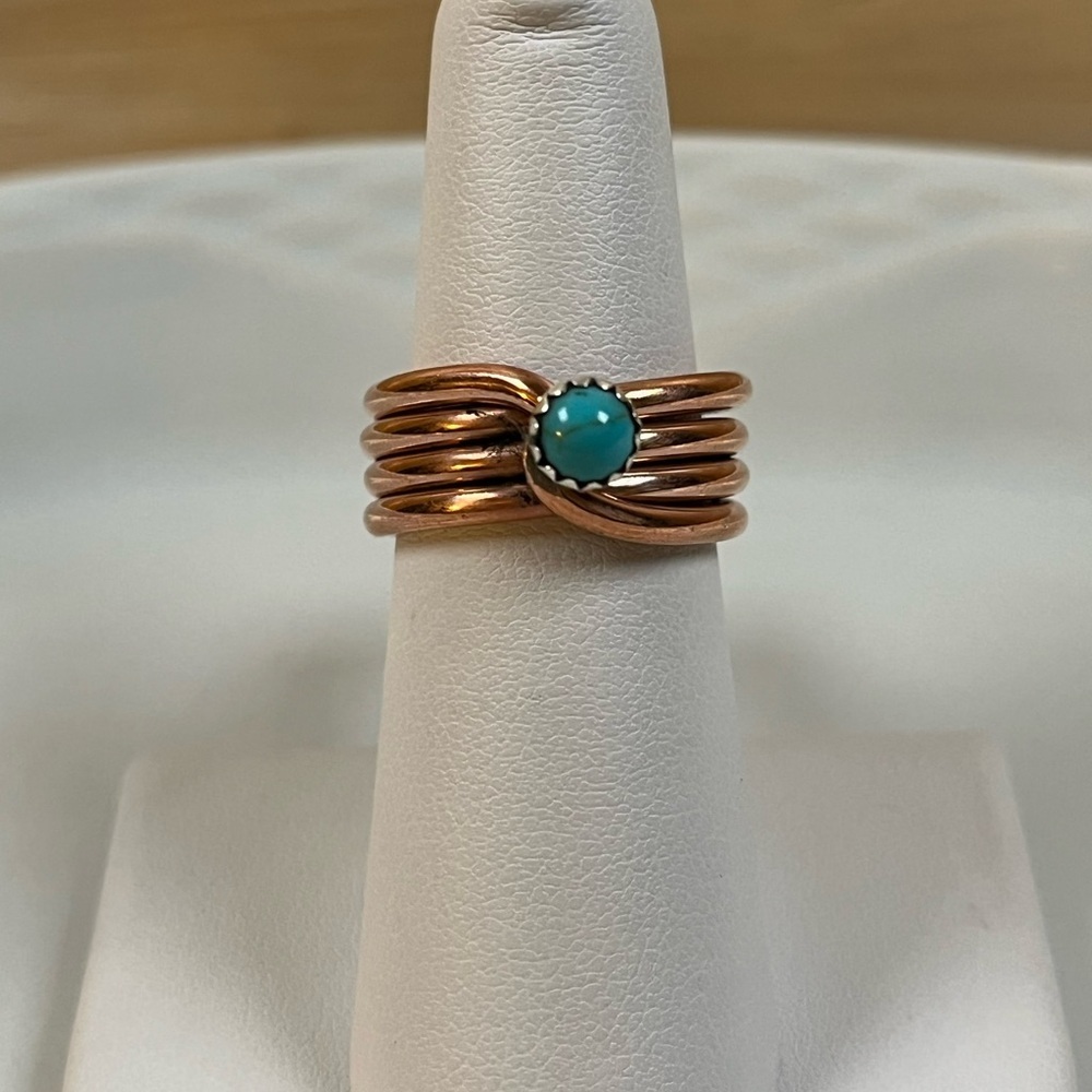 Navajo Handmade By Yolanda Skeets Coiled Copper and Turquoise Ring Size 6